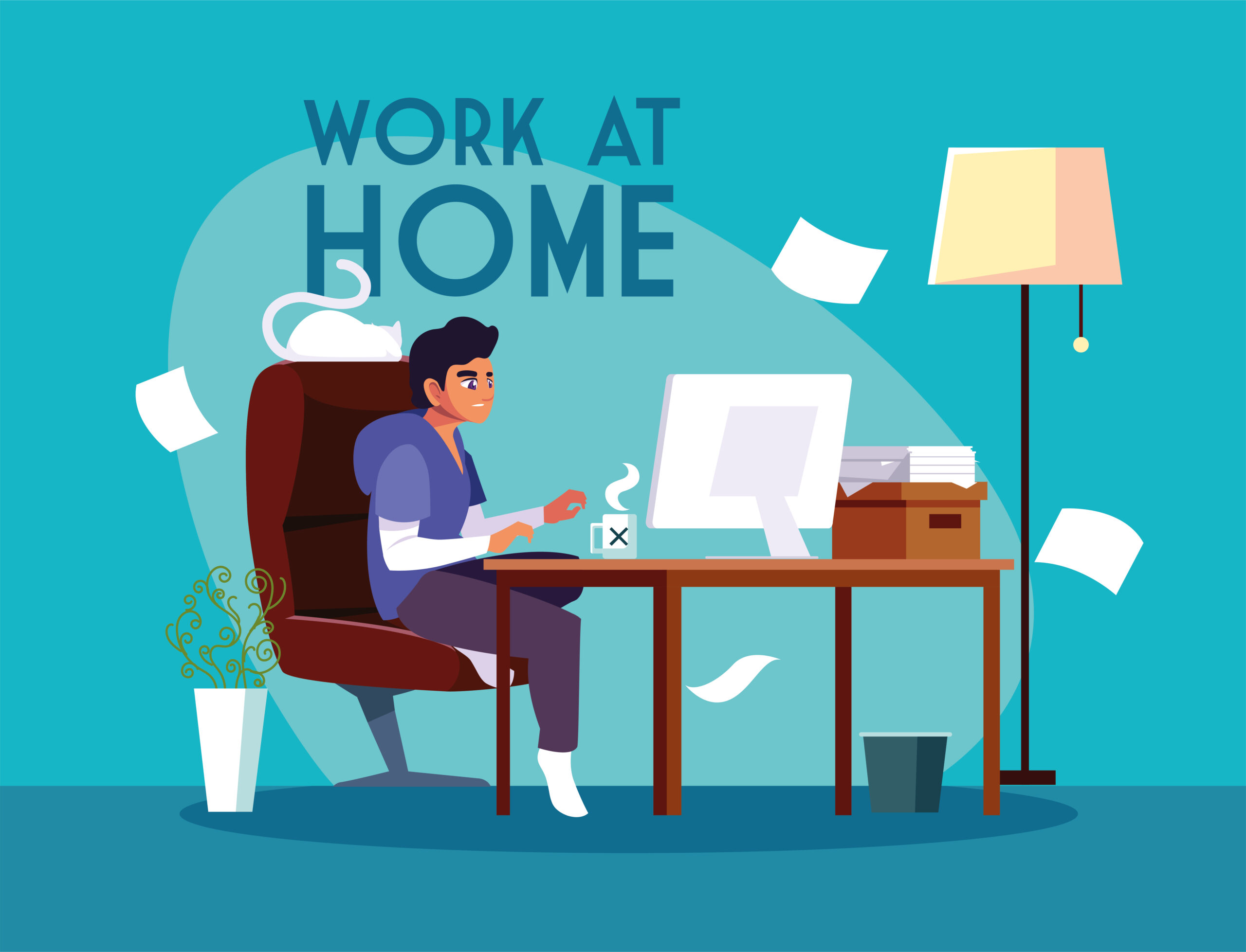 man freelancer working remotely from her home, work at home vector illustration design